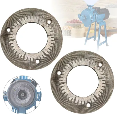 A collage of images showing grinding discs for an electric grain mill, with a partial view of the mill itself and a background of various grains.