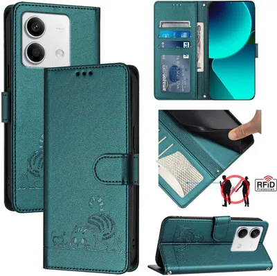 Produktbild von Leder Hülle für Xiaomi Redmi Note 13 5G Süße Katze Flip Case Brieftasche Schutzhülle mit Standfunktion Grün