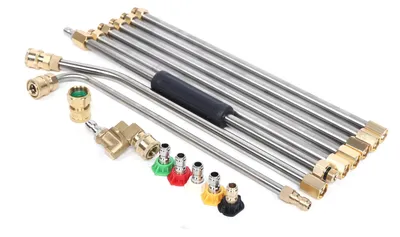 Obrázok produktu pre Čistič vysokotlakový - tryska na pištoľ - 4000 PSI - predlžovacia tyč 38/40 cm - ohybné tyče 30°/90° - 5 trysiek 0–65° - závit 6,3 mm - strieborná farba