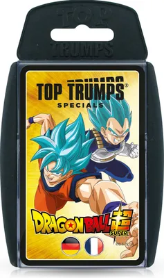 The image shows the packaging of a Top Trumps card game featuring Dragon Ball Super characters.