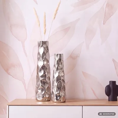 Image de Lot de 2 vases décoratifs FineBuy en aluminium argenté, vases à fleurs, vases décoratifs, finition martelée, 2 pièces, pour fleurs, vases de table en aluminium, décoration d'intérieur, décoration de table en métal, fabriqués à la main, Image générée par une IA