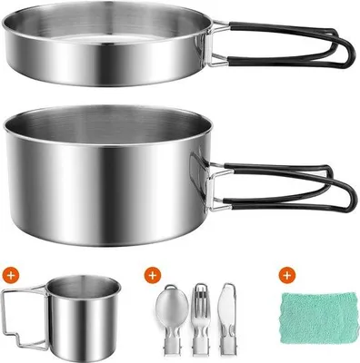 Produktbild von Famanu Campingtopf Edelstahl, Faltbar und Stapelbar - 7-teiliges Kochgeschirr