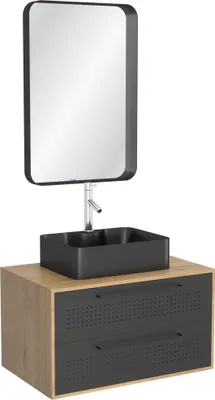 Image de Meuble Salle de Bains 80 cm, Vasque Rectangulaire et Miroir - Chêne naturel et Noir Mat - UBY