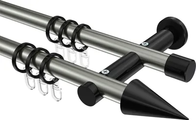 Produktbild von Interdeco Gardinenstange / Vorhangstange Edelstahl-Optik / Schwarz, Typ Platon Savio (Kegel), 20 mm Ø 2-läufig, 120 cm