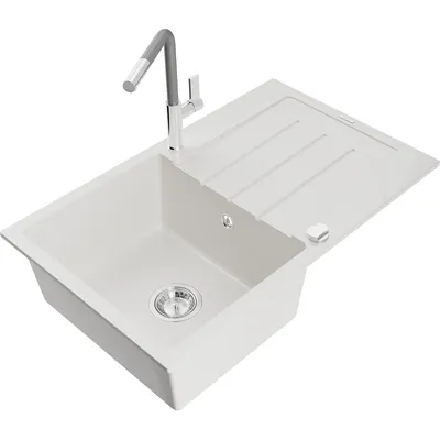 Obrázek produktu pro Mexen Bruno 1-miskový granitový dřez s odkapávačem a kuchyňskou baterií Flora, Bílá - 6513-20-670401-06