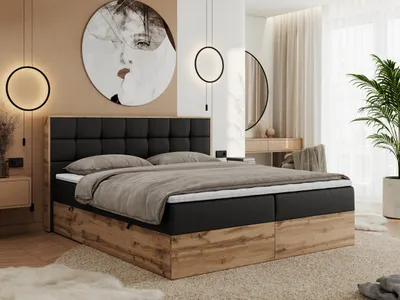 Produktbild von MKS MEBLE Boxspringbett 200x200 mit Bettkasten Eiche, Polsterbett 200x200 mit Matratze H3, Bett 200x200 mit Kopfteil, Eiche Wotan - 200x200 - Schwarz Kunstleder - Albero-1
