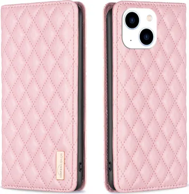 Obrázek produktu pro Kožené pouzdro na iPhone 15, Elegantní Flip Kožené Pouzdro s Kapsami na Karty a Stojánkem Růžové