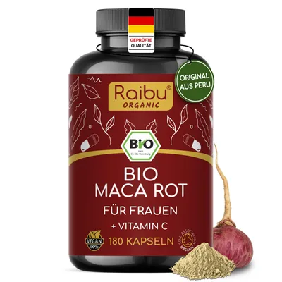 Produktbild von Maca Rot Kapseln - Für Energie & Hormonbalance - 3.200 mg je Tagesdosis | RAIBU