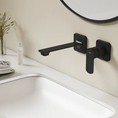 Image de EMKE Robinetterie de lavabo à montage mural, robinet encastré pour salle de bains, mitigeur 2 trous pour lavabo 233 x 127 x 110 mm noir mat