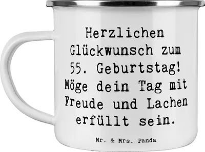 Produktbild von Mr. & Mrs. Panda Teetasse Spruch 55. Geburtstag Glückwunsch - Weiß - Geschenk, Emaille Tasse, besondere Anlässe, Meilenstein, Teebecher, Happy Birthday, Pott, becher