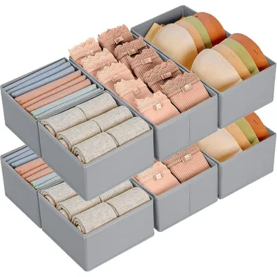 Image de Organisateurs de tiroirs, 8 pièces, pliables, en tissu gris, pour sous-vêtements, chaussettes, cravates, armoire