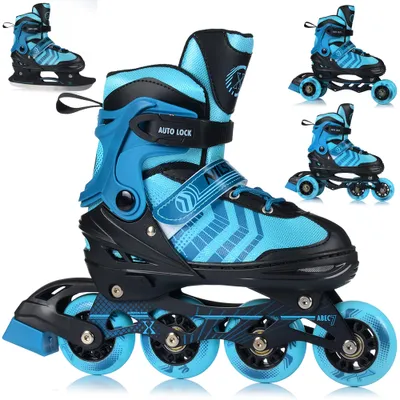 A collage of inline skates and ice skates, with a main focus on a pair of blue and black inline skates.