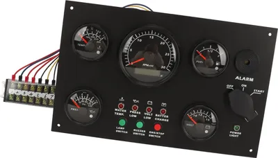 Productafbeelding van 300 x 190 mm Instrumentenpaneel voor motorboten, met indicaties voor water, olie, temperatuur, spanning en toerental. Set van 5 instrumenten, geschikt voor jachten, campers, vrachtwagens en schepen