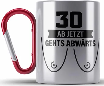 Produktbild von Trendation - 30. Geburtstag Edelstahl Tasse Karabiner Frau Geschenk Mutter Lustiger Spruch 30er Geburtstagsgeschenk Ab Jetzt Gehts Abwärts (Rot)