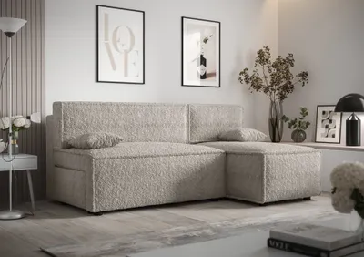 Produktbild von Ecksofa Alvito, Farbe: Elfenbein. Material: Bouclé. A: B: 212 cm,H: 85 cm, T: 105 cm, Eckcouch, Schlafcouch, Sofa bed, Schlafsofa