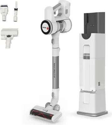A white cordless stick vacuum cleaner with a charging station and accessories, displayed on a white background.