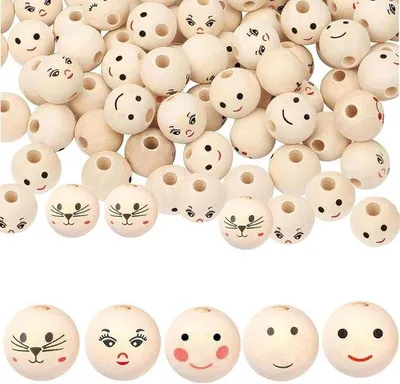 Produktbild von Holzperlen Gesicht 20mm 100TEILE - Handgefertigt Bastelmaterial Holzperlen mit Gesichtern