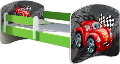 Obrázok produktu pre ACMA posteľ pre mladých Detská posteľ junior kompletná súprava s lamelovým roštom a ochranou proti vypadnutiu matraca Zelená 05 Zelené auto 140x70