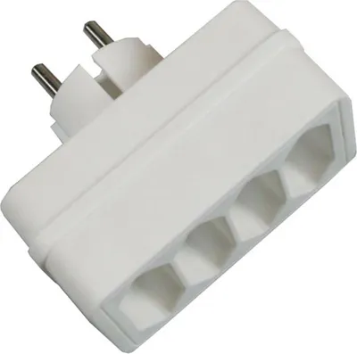A white electrical adapter with multiple outlets and two prongs for plugging into a wall socket.
