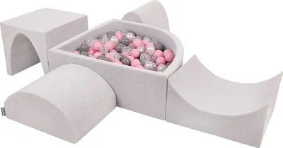Produktbild von KiddyMoon spielplatz aus schaumstoff mit viertel eckig bällebad (200 bälle) hindernisläufe, hellgrau:perle/grau/transparent/puderrosa