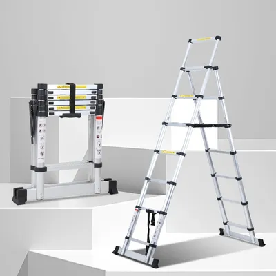 Produktbild von Teleskopierbare Leiter – 3,7 m, Aluminium, zusammenklappbar und mit rutschfesten Tritten