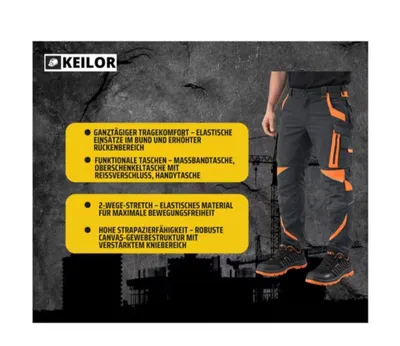 Produktbild von Herren Arbeitshose Stretch Canvas – 2-Wege Stretch, Kniepolstertaschen, reflektierende Streifen, verstärkte Knie, robuste Workwear schwarz-orange