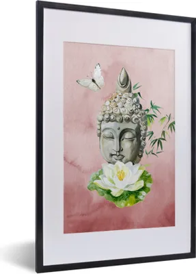 Produktbild von MuchoWow® MuchoWow® Gerahmtes Poster Buddha - Gesicht - Schmetterling 40x60 cm - Poster mit zchwarzem Bilderrahmen - Poster in Rahmen