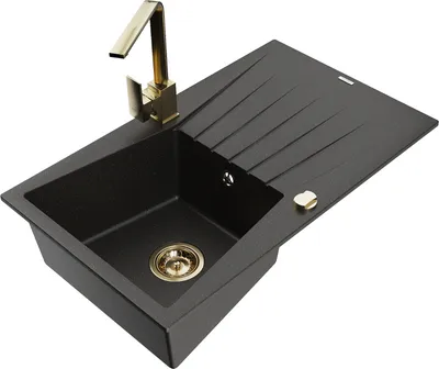 Produktbild von Mexen Cesar 1 Becken-Granitspüle mit Abtropffläche und Mischbatterie Rita, Schwarz/Gold metallisch - 6514-75-670300-50