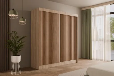 A bedroom scene with a large wardrobe, a plant, and curtains.