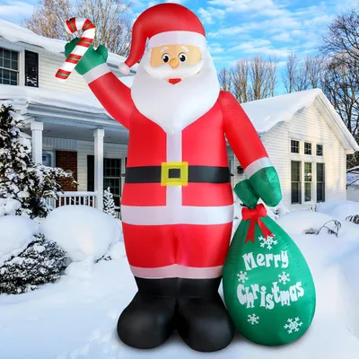 Imagen del producto de Muñeco inflable de Navidad de 240 cm con luces LED - Figura gigante de 2,4 metros. Muñeco inflable de Navidad con bastón
