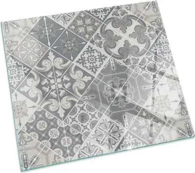 Produktbild von Dekoratives Mosaikmuster – Glasbodenplatte für – Kaminofen – Kaminplatte Glas – Schutzglas – Funkenschutzplatte –Glasbodenplatte Feuerfeste – Hitzeschutzplatte – Bodenschutz aus Glas – 50x50 cm