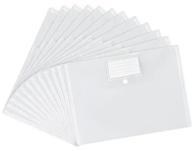 Obrázok produktu pre Dokumentové vrecká formátu A4 so zapínaním na gombík, 12 kusov, farebné, priehľadné, rozmer 32 x 23 cm
