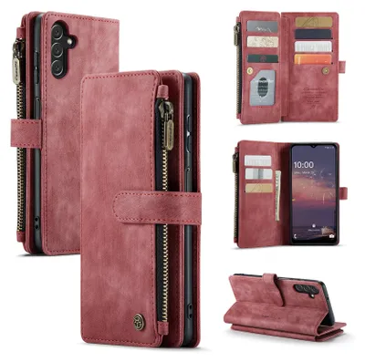 A collage of images showing a red leather wallet-style phone case for a Samsung Galaxy A13 5G, displaying its features like card slots, zipper pocket, and stand function.