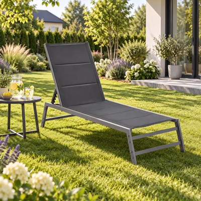 Produktbild von Beautysofa Gartenliege SUNVO Grau 199x62 cm, verstellbare Rückenlehne, Metallgestell, Sonnenliege für Garten & Terrasse, KI-generiertes Bild