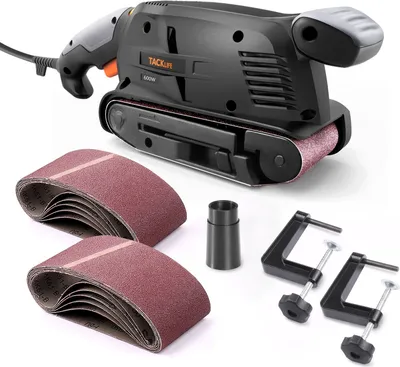 Produktbild von Tacklife B10, 5ampérová pásová bruska 3 × 18 palců s 13 brusnými pásy, regulací otáček, boxem na prach a vysavačem