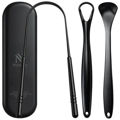 Productafbeelding van Nuvance Professionele Tongschraper - 3 in 1 Set - voor Mondverzorging - Tongreiniger - Tong Schraper - Tongue Scraper - RVS - Zwart