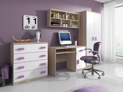 Obrázok produktu pre Kinderzimmer-Set Schrank Wandregal Kommode Schreibtisch erikafarbige Griffe Jonas III 02 (Sonoma/Weiß)