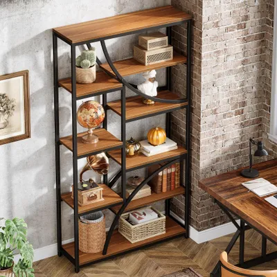 Produktbild von Tribesigns 8-stöckiges hohes Bücherregal, 180 cm, Vintage-Bücherregal mit offenen Regalen, robustes Ausstellungsregal mit Metallrahmen für Wohnzimmer