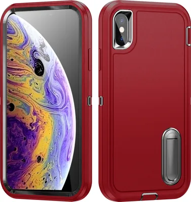 Produktbild von Hülle für iPhone XS /iPhone X Hybrid Dreilagige Robust Stoßfest Schwerlast Schutzhülle mit Ständer Rot