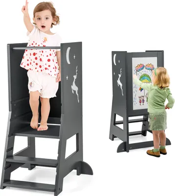 Produktbild von DREAMADE Kletterhelfer für Kleinkinder, Baby-Stehturm mit Kreidetafel, Whiteboard, höhenverstellbarer Plattform und Trittstufe(Grau)