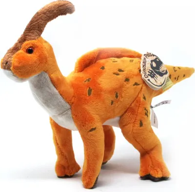 A plush toy dinosaur, a Parasaurolophus, is shown against a white background.