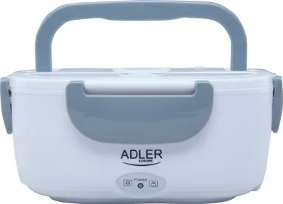 A white and gray electric lunchbox with a handle is shown against a white background.