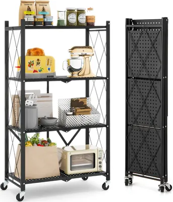 Produktbild von GOPLUS Faltbares Lagerregal, 4-stufiges Schwerlastregal mit 4 Universalrollen, Küchenregal platzsparend,71 x 34 x 126 cm, Schwarz