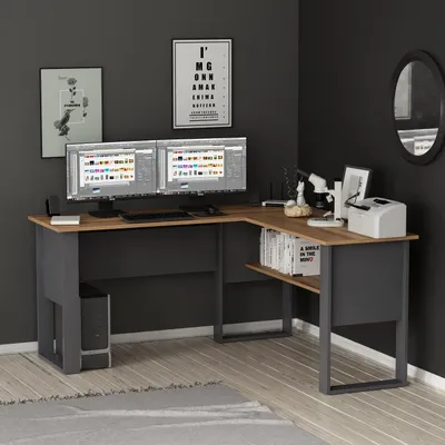 Image de Bureau d'angle en L HOMIDEA Randi avec étagères - Bureau d'ordinateur moderne pour le bureau et le télétravail - Anthracite/chêne