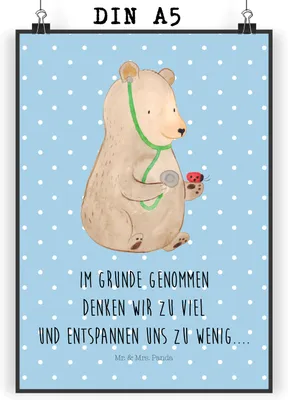 Produktbild von Mr. & Mrs. Panda Bild Bär Arzt DIN A5 - Blau Pastell - Geschenk, Doktor, Wandbild, drucke, Kunstdruck, Teddy, wanddeko, Professorin, Ärztin, Plakat, Professor