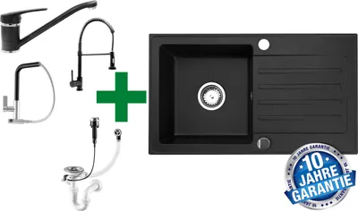 [Granitspüle 76x44 Schwarz+ Armatur]Hochwertig beidseitig Montierbar Küchenspüle Eckig Einbaugranitspüle Granit Spülbecken f. Unterschränke ab 45 cm inkl.Siphon Set, Armatur:Klein