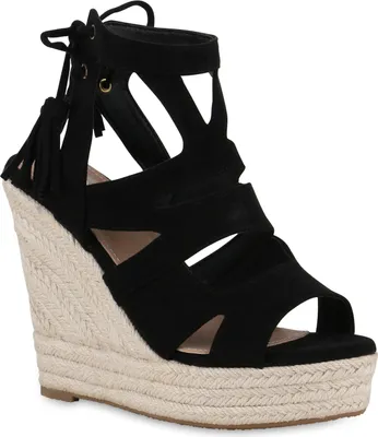 Produktbild von VAN HILL Damen Keilsandaletten Sandaletten Bast Quasten Cut-Outs Schuhe 841372, Farbe: Schwarz, Größe: 38