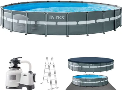 A collection of items for an Intex swimming pool set, including the pool itself, a filter pump, a ladder, and pool covers.