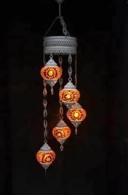 Immagine prodotto di Lampada a sospensione in vetro marrone con mosaico colorato, 5 sfere, lampada da soffitto orientale marocchina