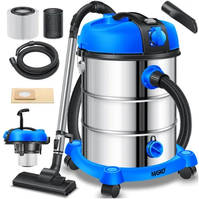 Produktbild von MASKO® Industriestaubsauger, Nass Trockensauger HEPA, 3 in 1 Filtersystem, 58 l/s Werkstattsauger mit Steckdose, 2300W, 30L, Industriesauger mit & ohne Beutel, Filter + Aufsätze, Push&Clean